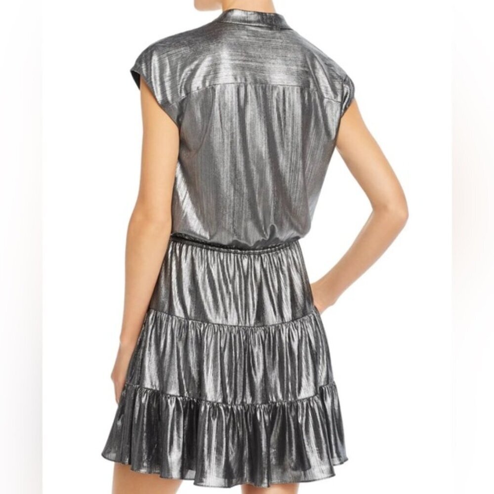 NWT REBECCA MINKOFF OLLIE Gray Silver GUNMETAL Shiny Button Mini Dress MEDIUM - Picture 6 of 16